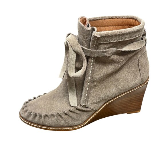 MATIKO Gray Suede Wedge Slip On Ankle Tie Booties - Picture 3 of 8